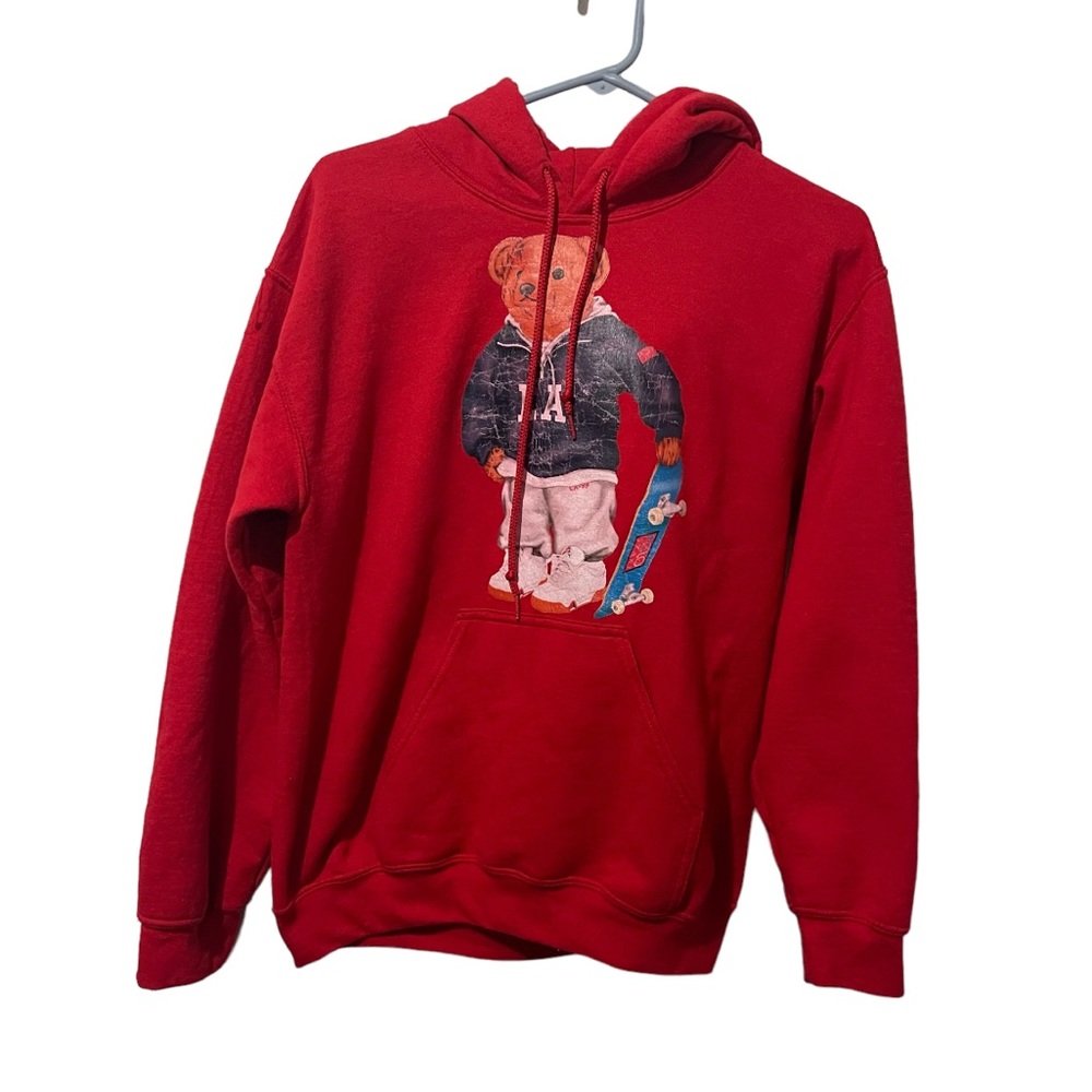 Gildan‎ Hoodie Men Small Red Bear Los Angeles Skateboard Sweatshirt Pullover